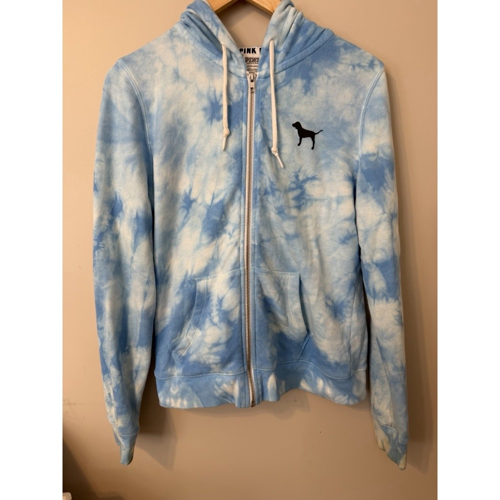Pink Victorias Secret Hoodie Blue White Tie Dye Spell Out Sweatshirt S Dog Zip